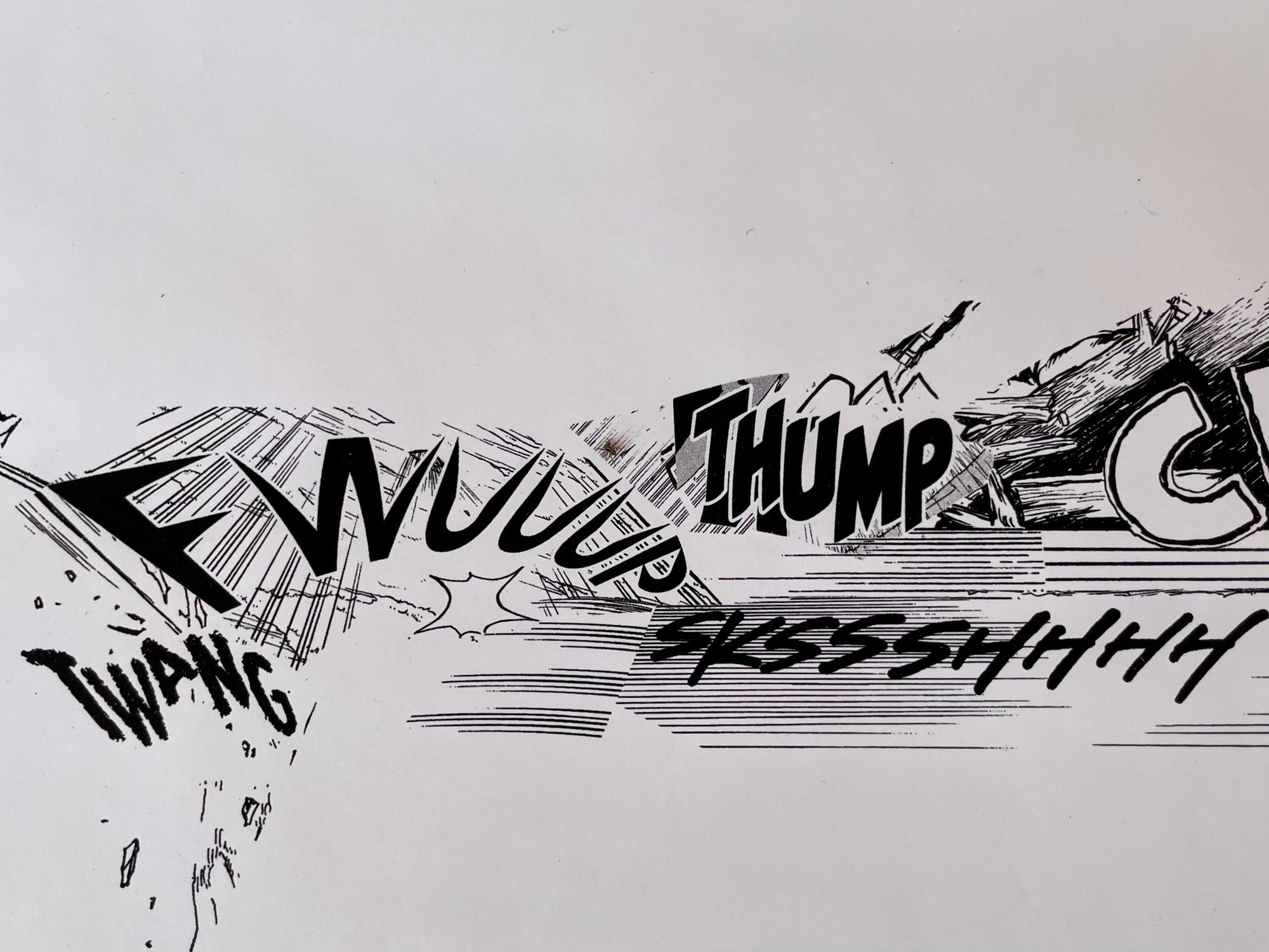 Christian Marclay «Manga Scroll», 2010-2013. Détail. L'artiste a réalisé ce rouleau de 20 mètres, en utilisant des onomatopées trouvées dans des Manga traduites en anglais. L'ensemble forme une «partition», interprétée par la chanteuse Ami Yamasaki à l'occasion du vernissage de la Biennale.