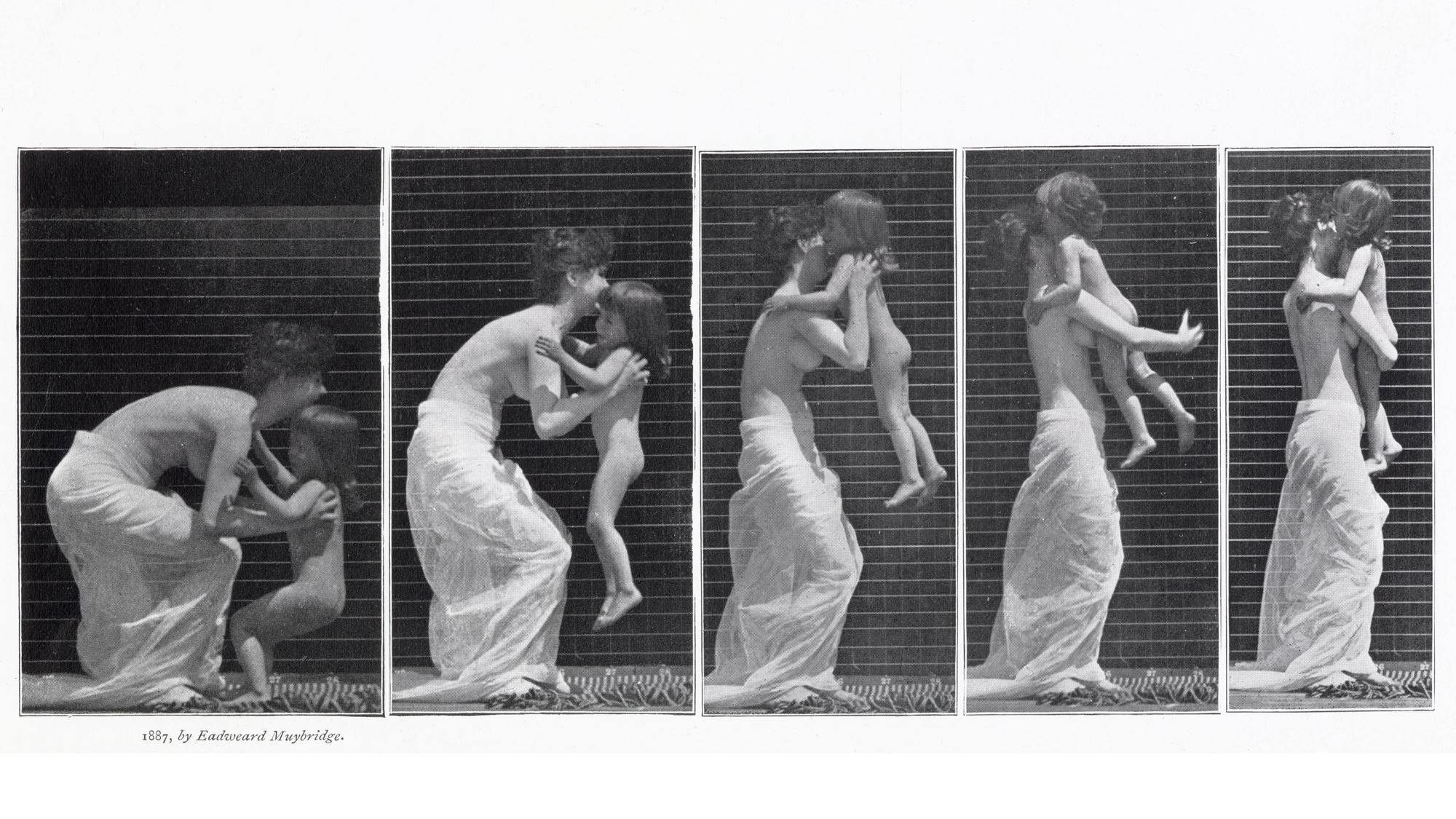 Muybridge - Woman and Child A woman picking up a child. Date: 1887 PUBLICATIONxNOTxINxUKxFRAxBELxNEDxITAxDENxNORxSWExPOLxJPNxKORxTPE Copyright: CopyrightxcGeminix2023.xCredit:xGemini 10043301