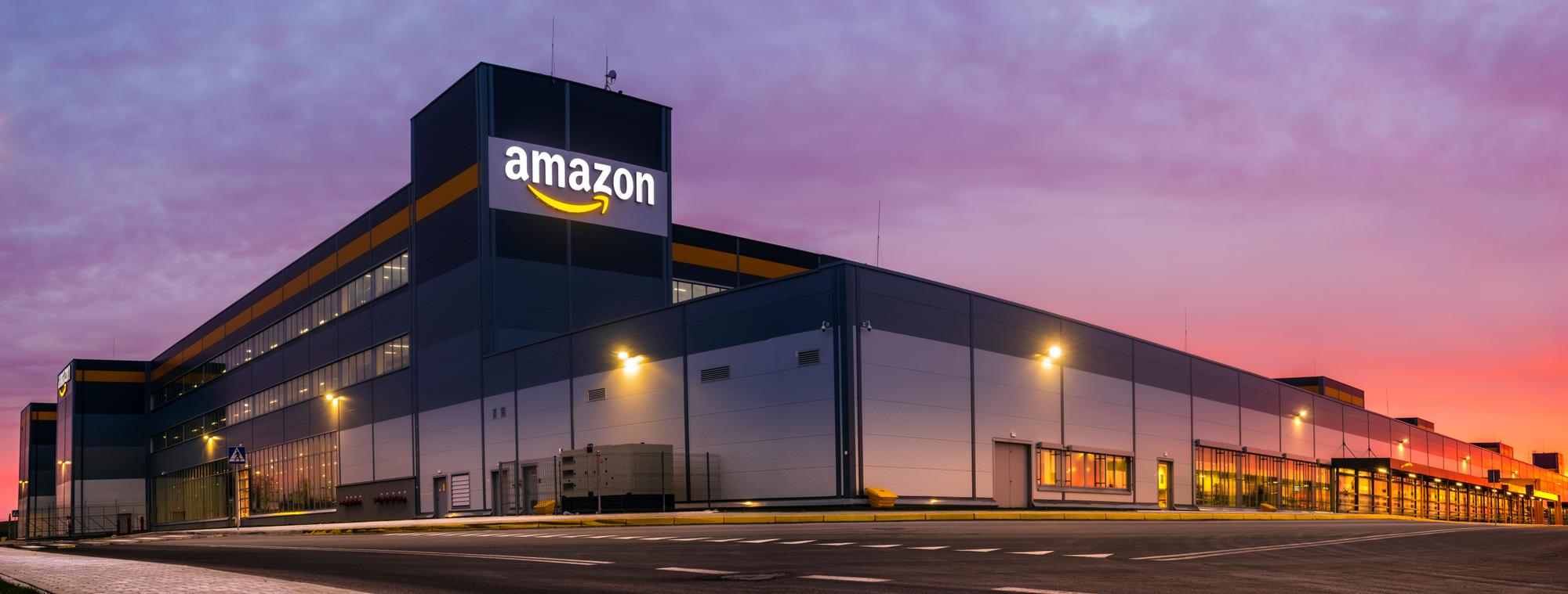 Szczecin, Poland-November 2018: Amazon Logistics Center in Szczecin, Poland in the light of the rising sun,panorama