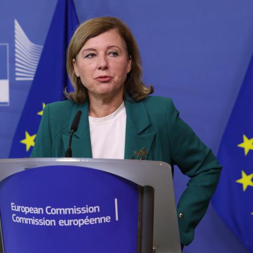 epa10883442 Vice President of the European Commission for Values and Transparency Vera Jourova gives a press conference on the reports of major online platforms on their commitments under the Code of Practice on Disinformation in Brussels, Belgium, 26 September 2023. EPA/OLIVIER HOSLET