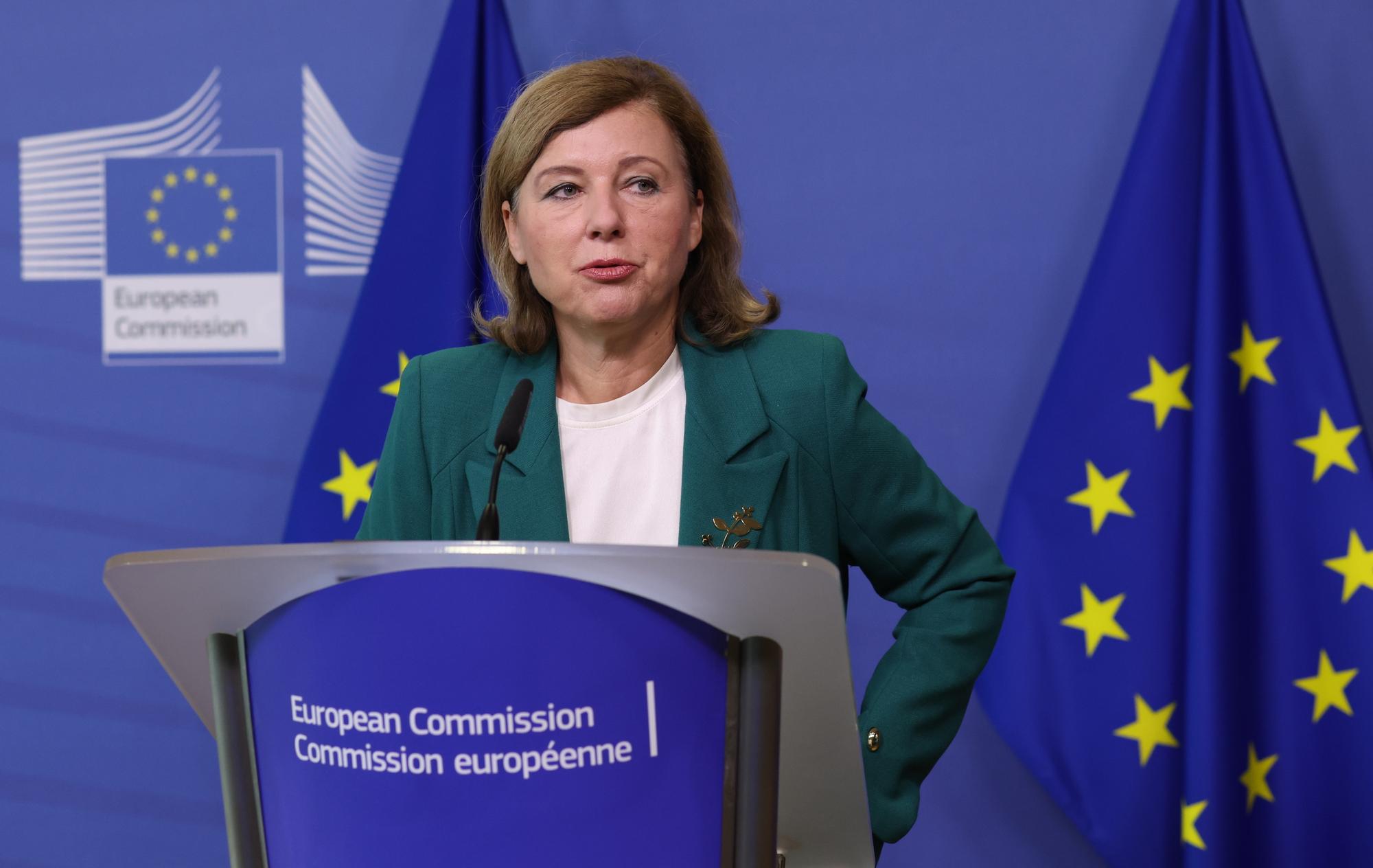 epa10883442 Vice President of the European Commission for Values and Transparency Vera Jourova gives a press conference on the reports of major online platforms on their commitments under the Code of Practice on Disinformation in Brussels, Belgium, 26 September 2023. EPA/OLIVIER HOSLET