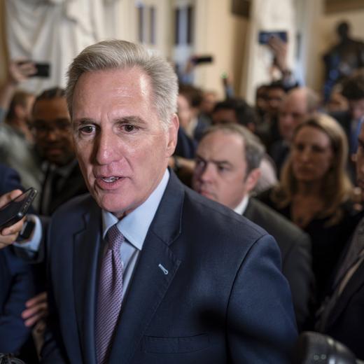 Speaker of the House Kevin McCarthy, R-Calif., is surrounded by press and police on the way to the chamber, at the Capitol in Washington, Tuesday, Oct. 3, 2023. McCarthy?s ability to remain in leadership is now seriously at risk after the House voted to move ahead with an effort by hard-right Republican critics to oust him. Tuesday?s narrow vote was forced by McCarthy?s chief rival, Rep. Matt Gaetz of Florida. (AP Photo/J. Scott Applewhite)  Kevin McCarthy