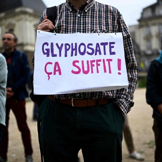 A man holds a placard reading in French "Glyphosate, it's enough!" as he takes part in a gathering next to "the Maison de l'Europe" in Rennes, western France, to protest against glyphosate-based herbicide authorization which European Union member states are debating a ten-year extension, on october 12, 2023. (Photo by Damien MEYER / AFP)
