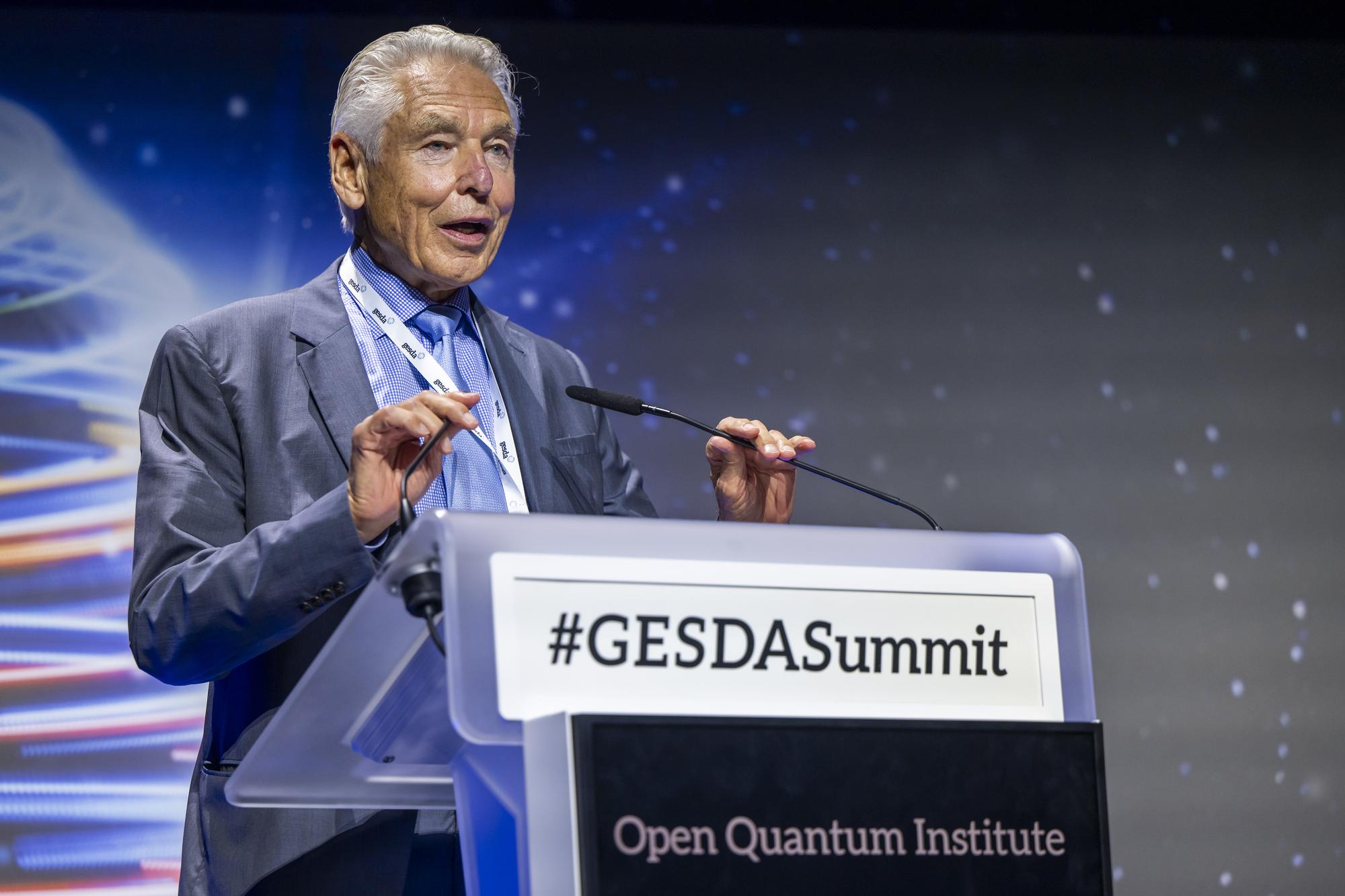 Peter Brabeck-Letmathe, Chairman, Board of Directors, GESDA Foundation, speaks during the launch the Open Quantum Institute Quantum Solutions for All: Launch of the OQI, during the 3rd Geneva Science and Diplomacy Anticipation Summit 2023 (GESDA) at the CERN's Science Gateway in Geneva, Switzerland, Friday, October 13, 2023. The 3rd Geneva Science and Diplomacy Anticipation Summit 2023 will be held at the CERN's Science Gateway, from 11 to 13 October. (KEYSTONE/Martial Trezzini)
