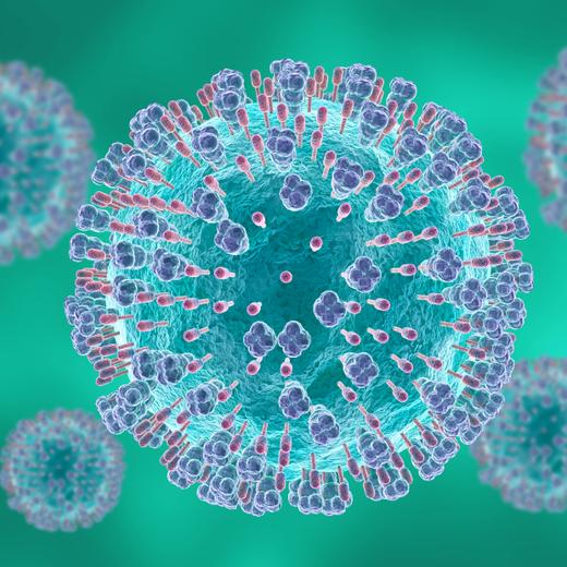 Microscopic respiratory syncytial virus or RSV. It causes infections of the respiratory tract and lungs in newborns and young children. 3D illustration