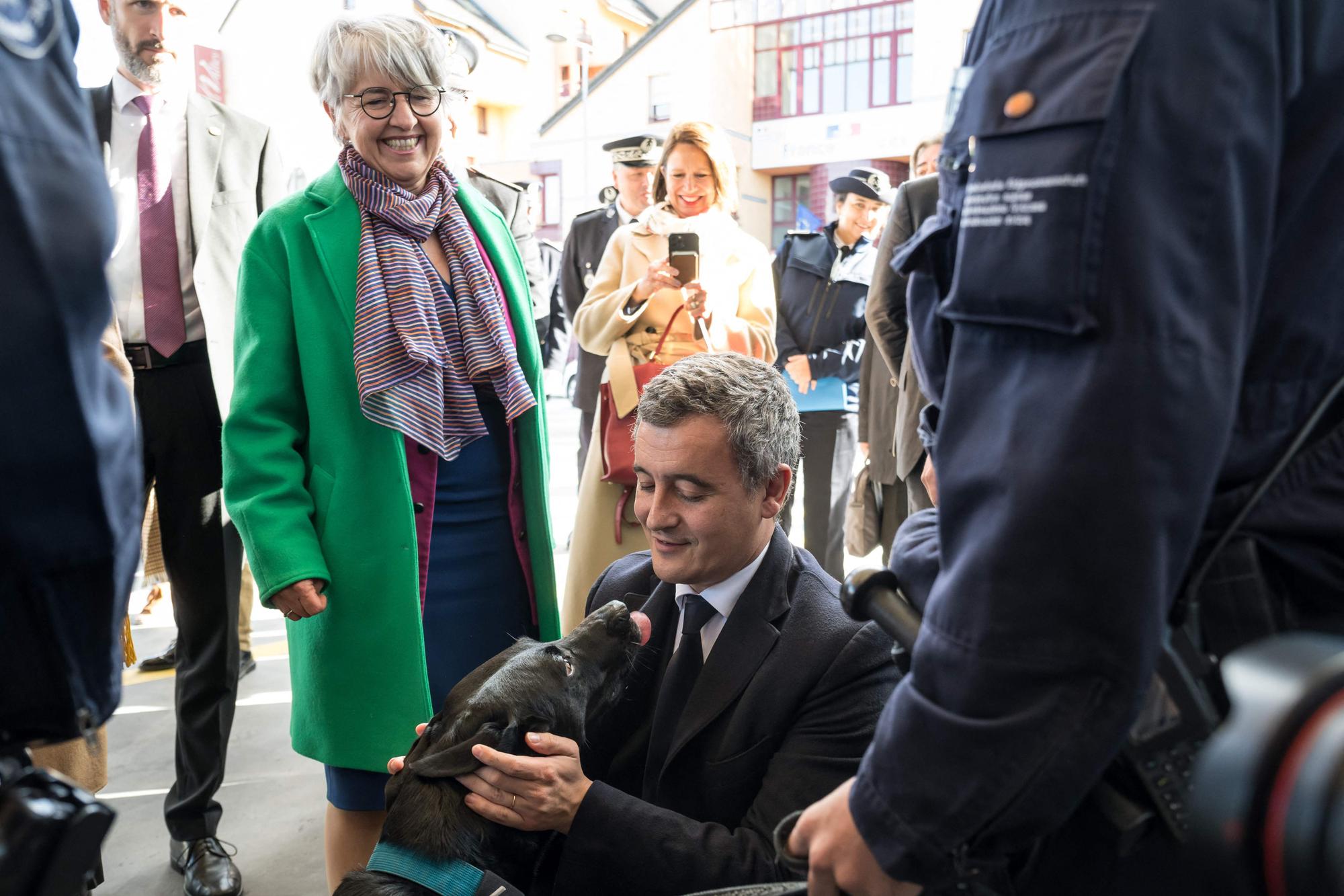 French Interior Minister Gerald Darmanin (C) pets a Swiss sniffer dog next to Swiss Justice Minister Elisabeth Baume-Schneider during his visit to sign action plan against migration irregular at the border between France and Switzerland near Geneva on October 27, 2023 in Gaillard. (Photo by Fabrice COFFRINI / AFP)