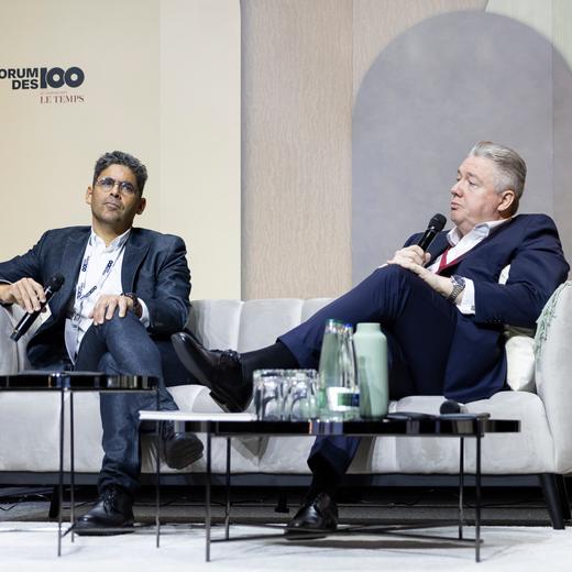 Rachid Guerraoui, Professeur EPFL, Cedric Moret, CEO Groupe ELCA, parlent lors de la 19eme edition du Forum des 100 organise par Le Temps le 31 octobre 2023 a l'EPFL de Lausanne.