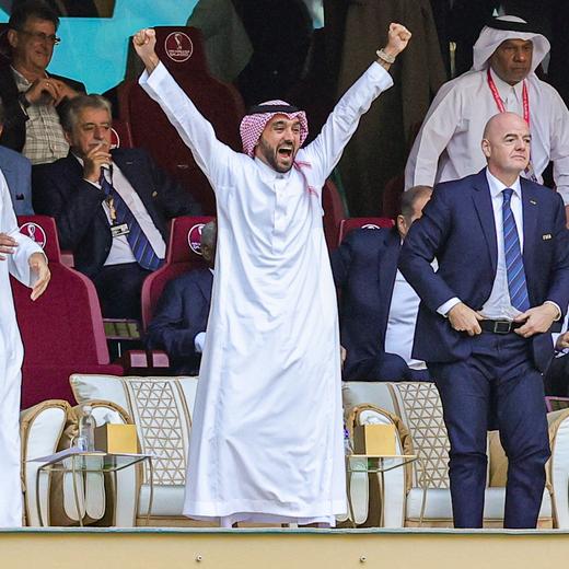 Saudi Crown Prince Mohammed bin Salman Al Saud celebrates the Saudi Arabia teams winning the match during the FIFA World Cup 2022, Group C football match between Argentina and Saudi Arabia on November 22, 2022 at Lusail Stadium in Al Daayen, Qatar - Photo Nigel Keene / ProSportsImages / DPPI (Photo by Nigel Keene / ProSportsImages / DPPI via AFP)