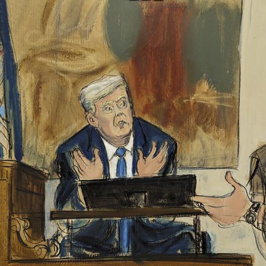 In this courtroom sketch, former President Donald Trump, center, answers questions from New York assistant attorney general Kevin Wallace, right, as Judge Arthur Engoron, left, looks on in New York Supreme Court, Monday, Nov. 6, 2023, in New York. (Elizabeth Williams via AP)  Donald Trump