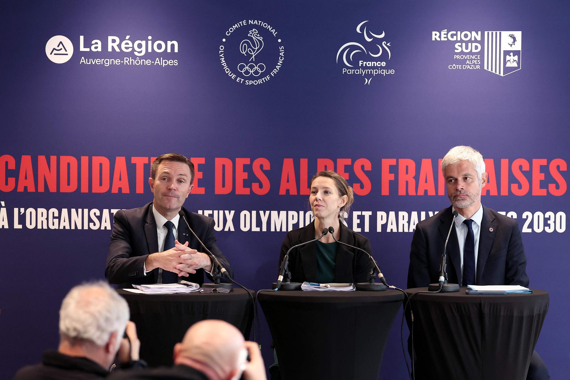 (From L) Olympic committee president David Lappartient, president of the French Paralympic Committee Marie-Amelie Le Fur and Auvergne-Rhone-Alpes Regional Council president Laurent Wauquiez attend a press conference to announce French Alps' bid to host the 2030 Winter Olympic and Paralympic Games, in Paris on November 7, 2023. France, which is hosting the Summer Olympics in nine months in Paris, could once again embrace the Olympic adventure in seven years in 2030, for the Winter Olympics this time, if it manages to convince the International Olympic Committee (IOC) which will make a decision at the end of November. (Photo by FRANCK FIFE / AFP)