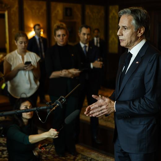 U.S. Secretary of State Antony Blinken speaks to the media after participating in the so-called "2+2 Dialogue" in New Delhi, India, Friday, Nov. 10, 2023. (Jonathan Ernst/Pool via AP)