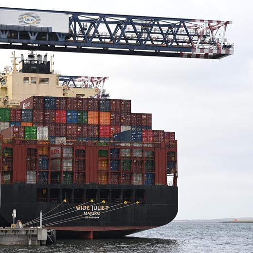 epa10972570 A container ship is unloaded at Port Botany in Sydney, Australia, 13 November 2023. Ports operator DP World Australia, which was the target of a malicious cyber attack according to Australian authorities, is focused on getting containers at ports across Australia moving again. EPA/DEAN LEWINS AUSTRALIA AND NEW ZEALAND OUT