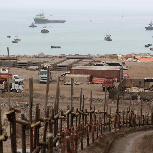 epa10814681 View of the works of the port of Chancay in the department of Lima, Peru, 22 August 2023. The new Peruvian port of Chancay, is being built by the Chinese company Cosco Shipping. EPA/Paolo Aguilar
