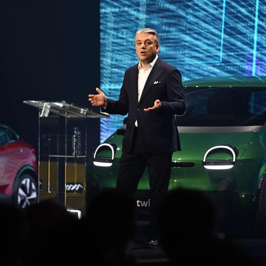 Renault group general director Luca de Meo delivers a speech during the presentation of the new Renault Twingo eletric on November 15, 2023 in Boulogne-Billancourt. (Photo by Miguel MEDINA / AFP)