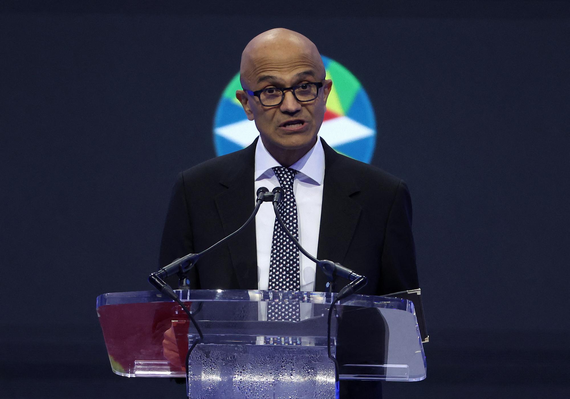 SAN FRANCISCO, CALIFORNIA - NOVEMBER 15: Microsoft CEO Satya Nadella speaks during the APEC CEO Summit at Moscone West on November 15, 2023 in San Francisco, California. The APEC summit is being held in San Francisco and runs through November 17. Justin Sullivan/Getty Images/AFP (Photo by JUSTIN SULLIVAN / GETTY IMAGES NORTH AMERICA / Getty Images via AFP)