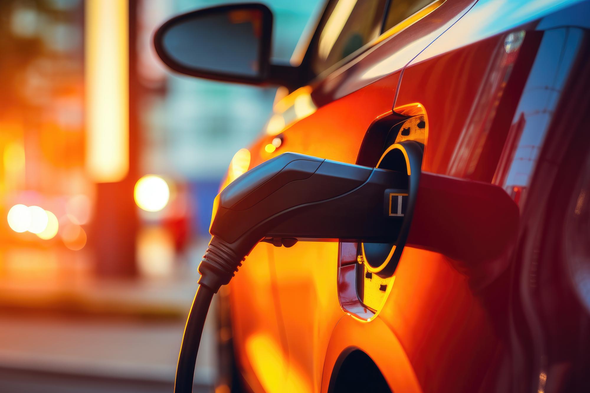 EV charging station for electric car. Green energy and eco power produced from sustainable source to supply to charger station in order to reduce CO2 emission.