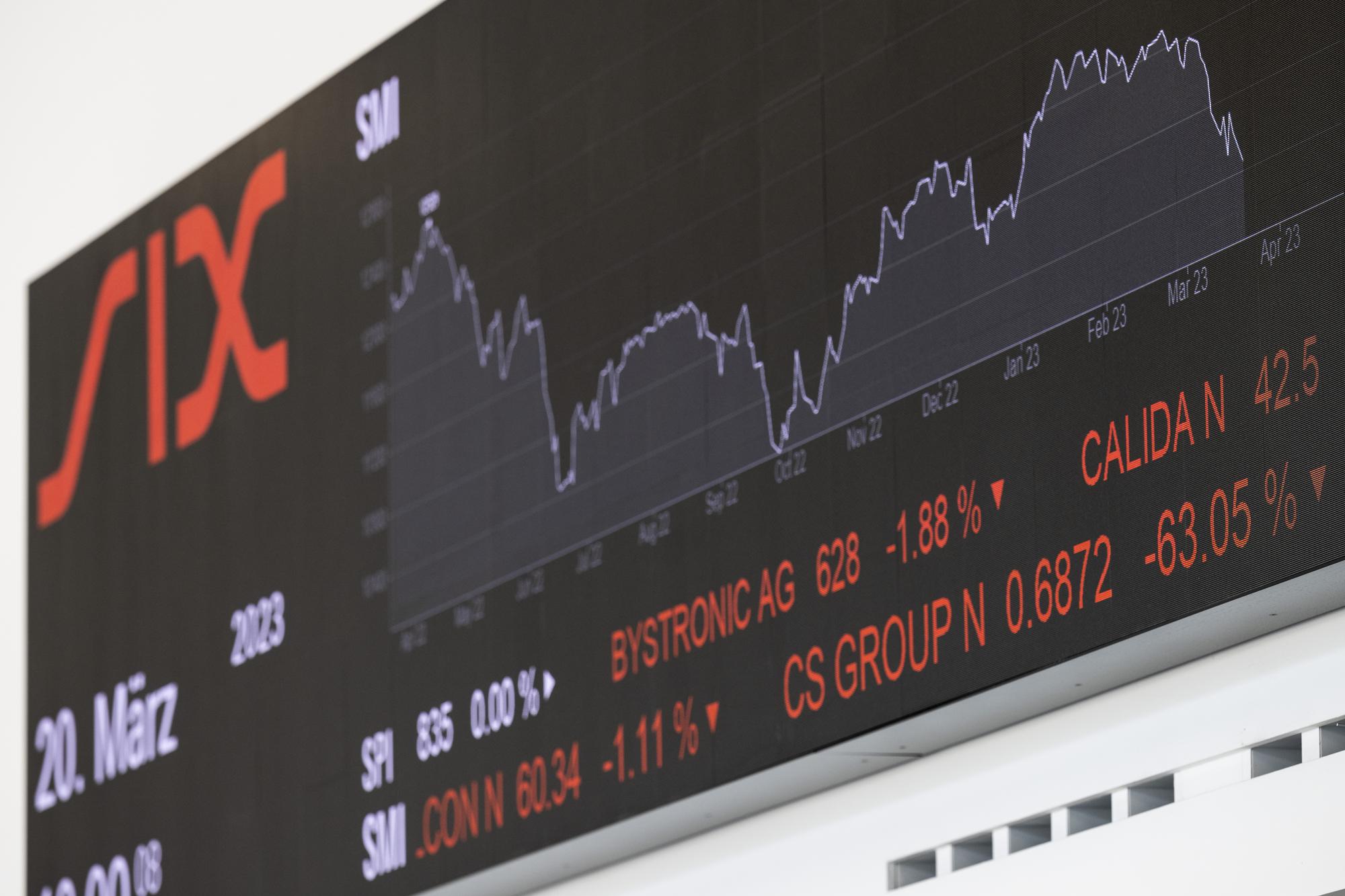 A stock ticker of the developments on the Credit Suisse stock exchange, taken on Monday, 20th of March 2023, Zurich. The Swiss government on 19 March 2023 announced it was making way for UBS to take over Credit Suisse. UBS buys Credit Suisse at a price of three billion US dollars in shares. Shares of Credit Suisse went tumbling on 15 March 2023 after its biggest shareholder told outlets that it would not inject more money into the ailing Swiss bank. (KEYSTONE/Ennio Leanza)