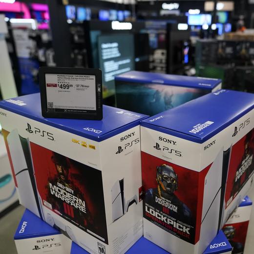 PlayStation 5 consoles are seen at a Best Buy store during Black Friday, Friday, Nov. 24, 2023, in Charlotte, N.C. Shoppers hunting for big deals packed malls and stores on Black Friday as retailers stepped up discounts to entice customers who are sticking to stricter budgets this year and resisting impulse buying. (AP Photo/Erik Verduzco)
