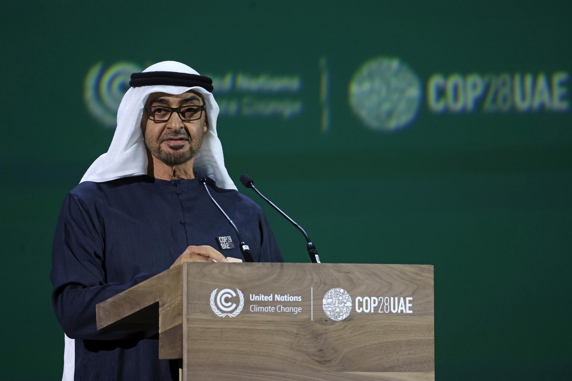 DUBAI, UNITED ARAB EMIRATES - DECEMBER 01: President of the United Arab Emirates Mohamed bin Zayed Al Nahyan delivers an address at the opening ceremony of the World Climate Action Summit during COP28 on December 01, 2023 in Dubai, United Arab Emirates. The King is visiting Dubai to attend COP28 UAE, the United Nation's Climate Change Conference. (Photo by Chris Jackson/Getty Images)
