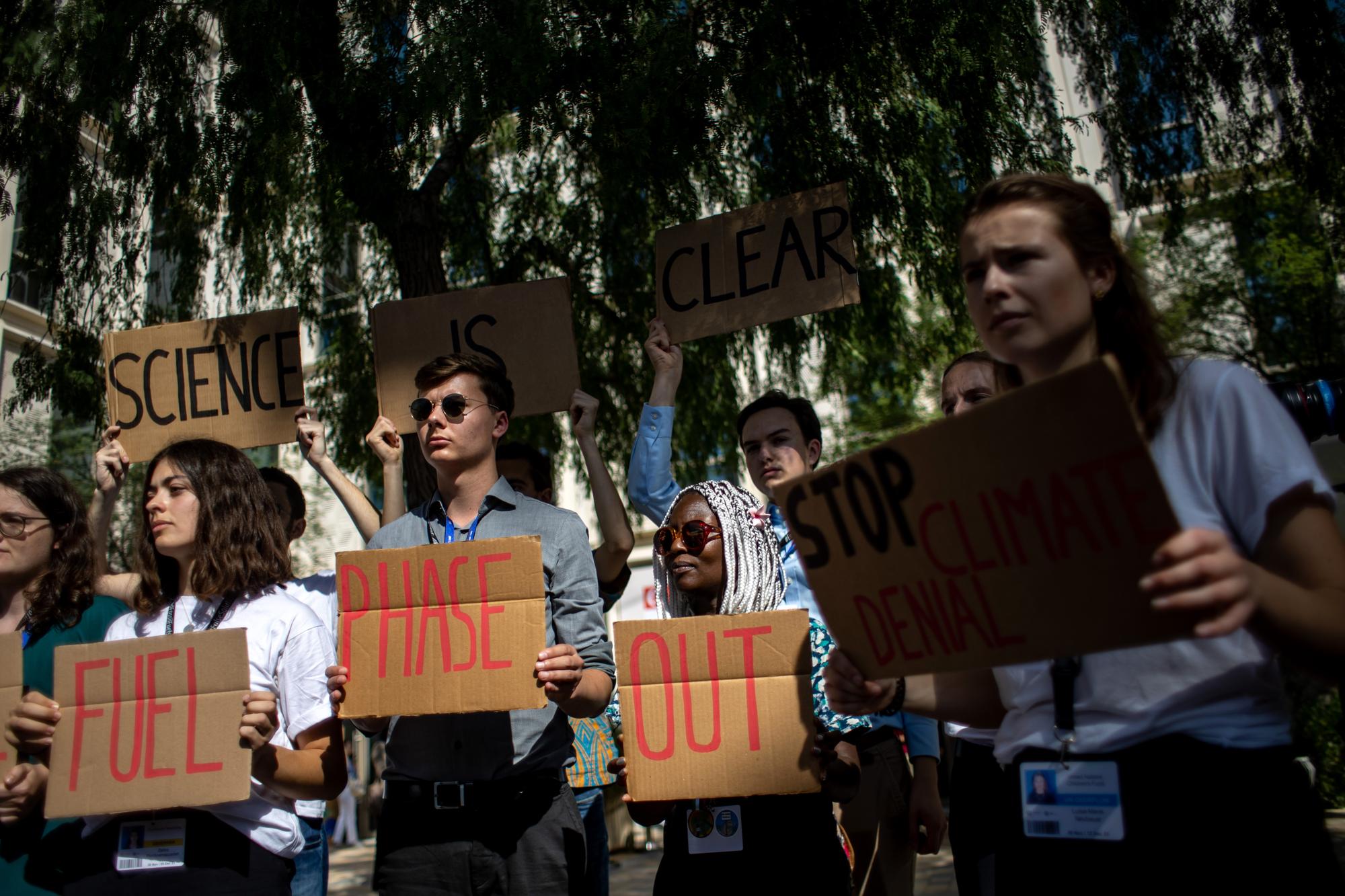 epa11010271 Members of Fridays For Future Germany protest at Expo City Dubai, the venue of the 2023 United Nations Climate Change Conference (COP28), in Dubai, United Arab Emirates, 04 December 2023. The 2023 United Nations Climate Change Conference (COP28), runs from 30 November to 12 December, and is expected to host one of the largest number of participants in the annual global climate conference as over 70,000 estimated attendees, including the member states of the UN Framework Convention on Climate Change (UNFCCC), business leaders, young people, climate scientists, Indigenous Peoples and other relevant stakeholders will attend. EPA/MARTIN DIVISEK