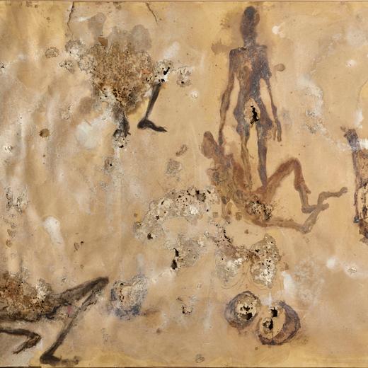 Miquel Barceló , Ivres à midi au soleil avec termites. 1994. Technique mixte sur papier. 75 x 104 cm. © Miquel Barceló , ADAGP Paris, 2023. Phótó Luis Lóurençó.