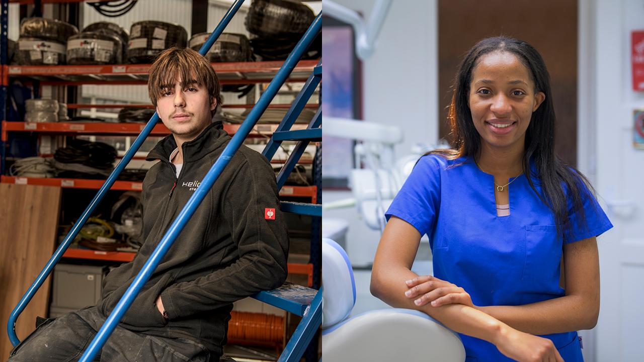 A gauche: Jami Francavilla, apprenti électricien de première année chez Hélios Energies à Carouge. A droite: Delah Rabupwe,apprentie assisitante dentaire. Genève, 7.12.2023. Eddy Mottaz / Le Temps