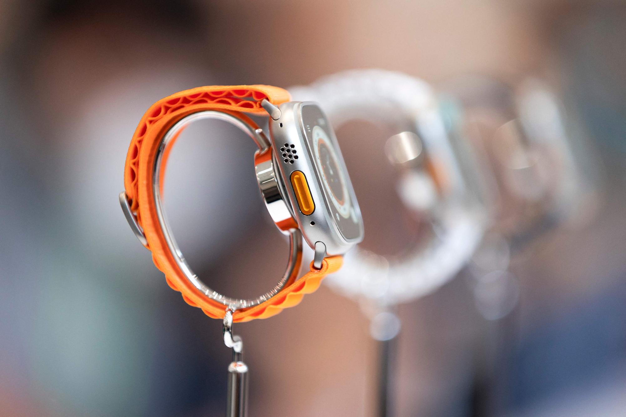 The new Apple Watch Ultra is displayed during a launch event for new products at Apple Park in Cupertino, California, on September 7, 2022. - Apple unveiled several new products including a new iPhone 14 and 14 Pro, three Apple watches, and new AirPod Pros during the event. (Photo by Brittany Hosea-Small / AFP)