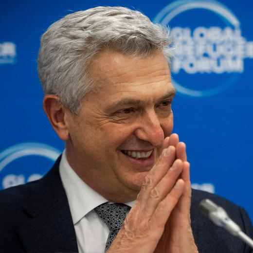 UN High Commissioner for Refugees Filippo Grandi delivers a speech during a press conference on the opening day of the Global Refugee Forum, in Geneva on December 13, 2023. (Photo by JEAN-GUY PYTHON / POOL / AFP)