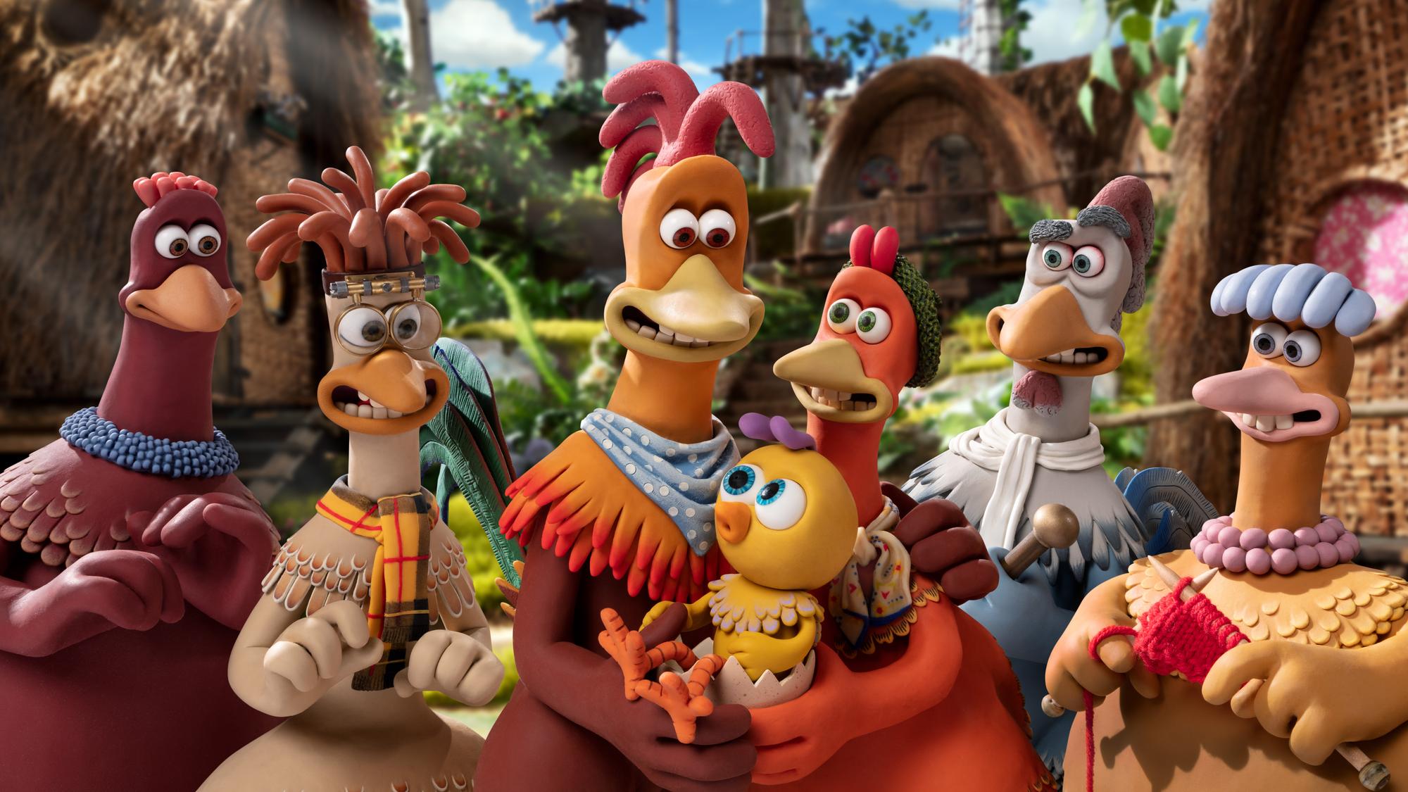 Chicken Run: Dawn of the Nugget. "Chick off the old block." (L-R) Bunty (Imelda Staunton), Mac (Lynn Ferguson), Rocky (Zachary Levi), Molly (Bella Ramsey), Ginger (Thandiwe Newton), Fowler (David Bradley), and Babs (Jane Horrocks) in Chicken Run: Dawn of the Nugget. Cr. Courtesy of Netflix © 2023