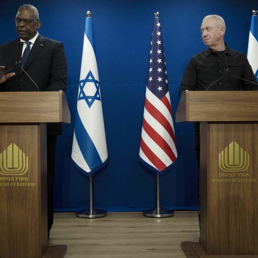 Israel Minister of Defense Yoav Gallant, right, listens to his U.S. counterpart, Secretary of Defense Lloyd Austin, make a joint statement following a joint statement after their meeting about Israel's military operation in Gaza, in Tel Aviv, Israel, Monday, Dec. 28, 2023. (AP photo/ Maya Alleruzzo)
