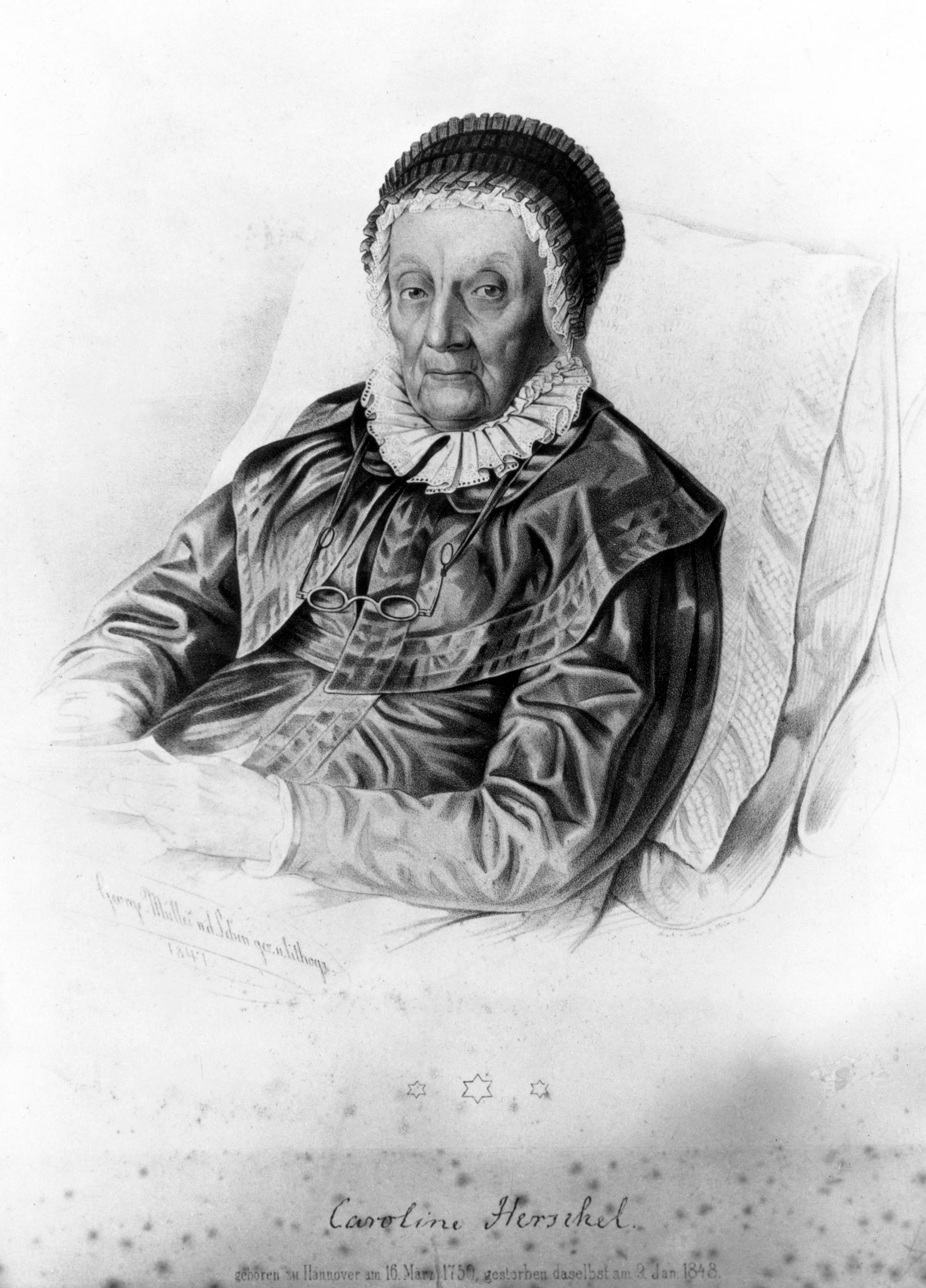 UNITED KINGDOM - JUNE 27: Engraving showing the astronomer Caroline Herschel (1750-1848) in 1841 at the age of 92. Caroline was the younger sister of the famous astronomer Sir William Herschel (1738-1822). She was a devoted observing assistant to William during his life, but was also an accomplished observer in her own right. Her first accomplishment was the discovery of three new nebulae in 1783, one of them being the companion of the Andromeda nebula. Between 1786 and 1797 Caroline discovered no less than eight new comets. She was awarded a gold medal by the Prussian Academy of Science on her 96th birthday. She was also jointly the first woman to be made a member of the Royal Astronomical Society. (Photo by SSPL/Getty Images)