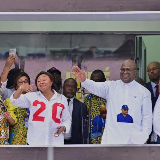 epa11050909 DRC President Felix Tshiseked (3-R) celebrates after winning the countries recent elections, Kinshasa, Democratic Republic of Congo, 31 December 2023. The president won about 73% of the vote, with his nearest challenger, Moise Katumbi, on 18%. The 20 December election was marred by widespread logistical problems. EPA/CHRIS MILOSI