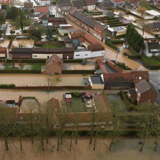 An aerial picture taken on January 3, 2024 shows a flooded part of Blendecques, northern France, following the flood of the Aa river. (Photo by Béatrice DEBUT / AFP)