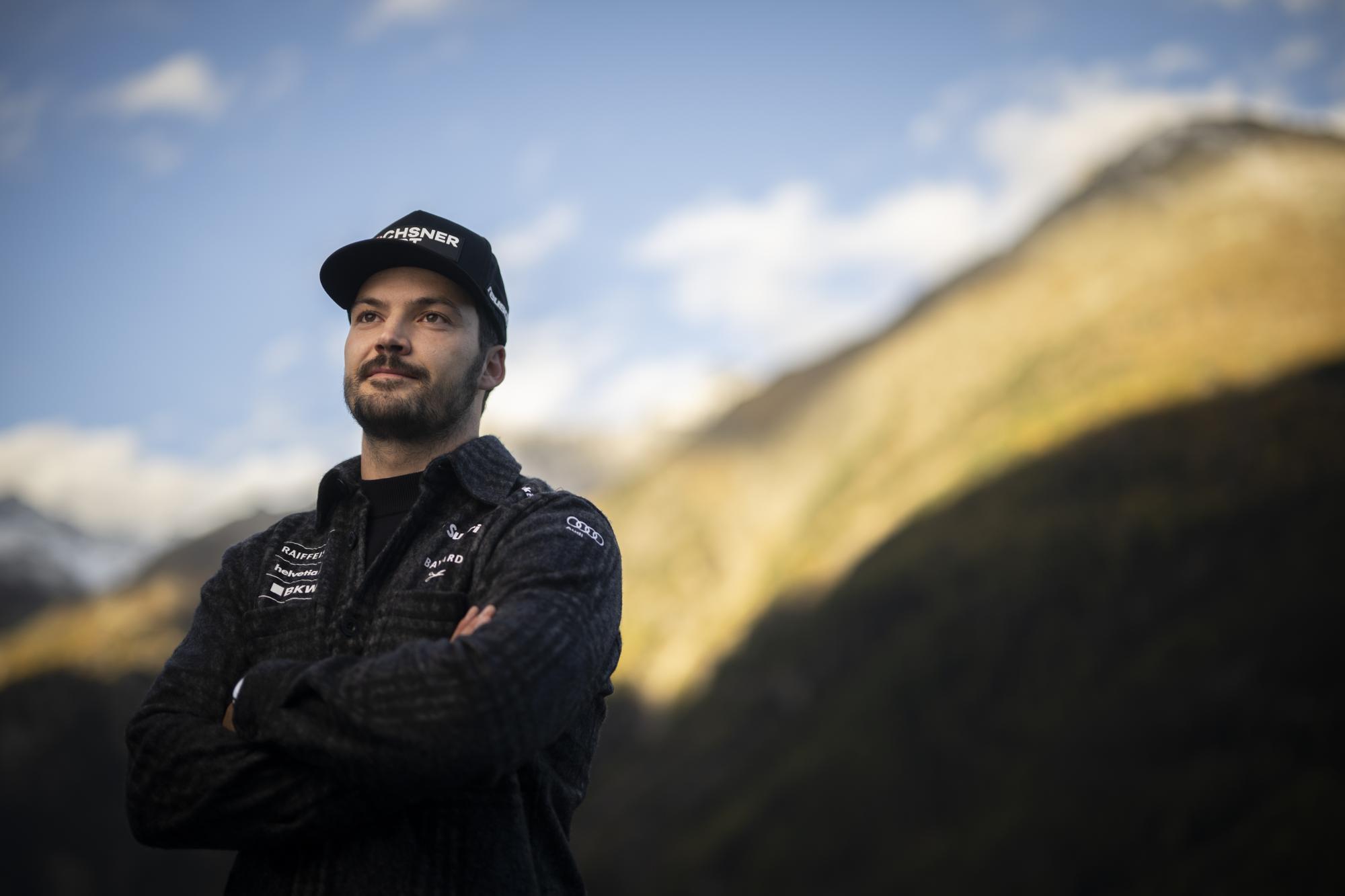 Loic Meillard of Switzerland poses for a portrait at a press event prior the FIS Alpine Ski World Cup season in Soelden, Austria, on Friday, October 27, 2023. The Alpine Skiing World Cup season 2023/24 will be opened this weekend in Soelden, the traditional start of the FIS Ski World Cup. (KEYSTONE/Gian Ehrenzeller)