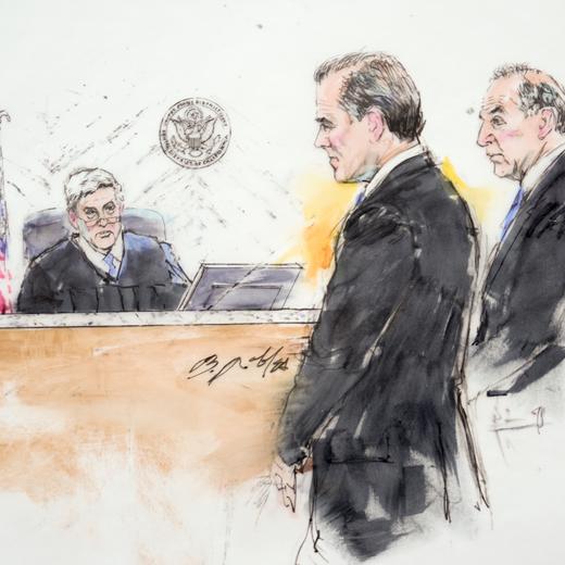 In this courtroom sketch, Hunter Biden, son of President Joe Biden, center, appears in front of judge Mark C. Scarsi, left, and alongside attorney Abbe Lowell, right, at federal court, Thursday, Jan. 11, 2024, in Los Angeles. President Joe Biden's son pleaded not guilty Thursday to federal tax charges filed after the collapse of a plea deal that could have spared him the spectacle of a criminal trial during the 2024 campaign. (Bill Robles via AP)  Jennifer Siebel Newsom