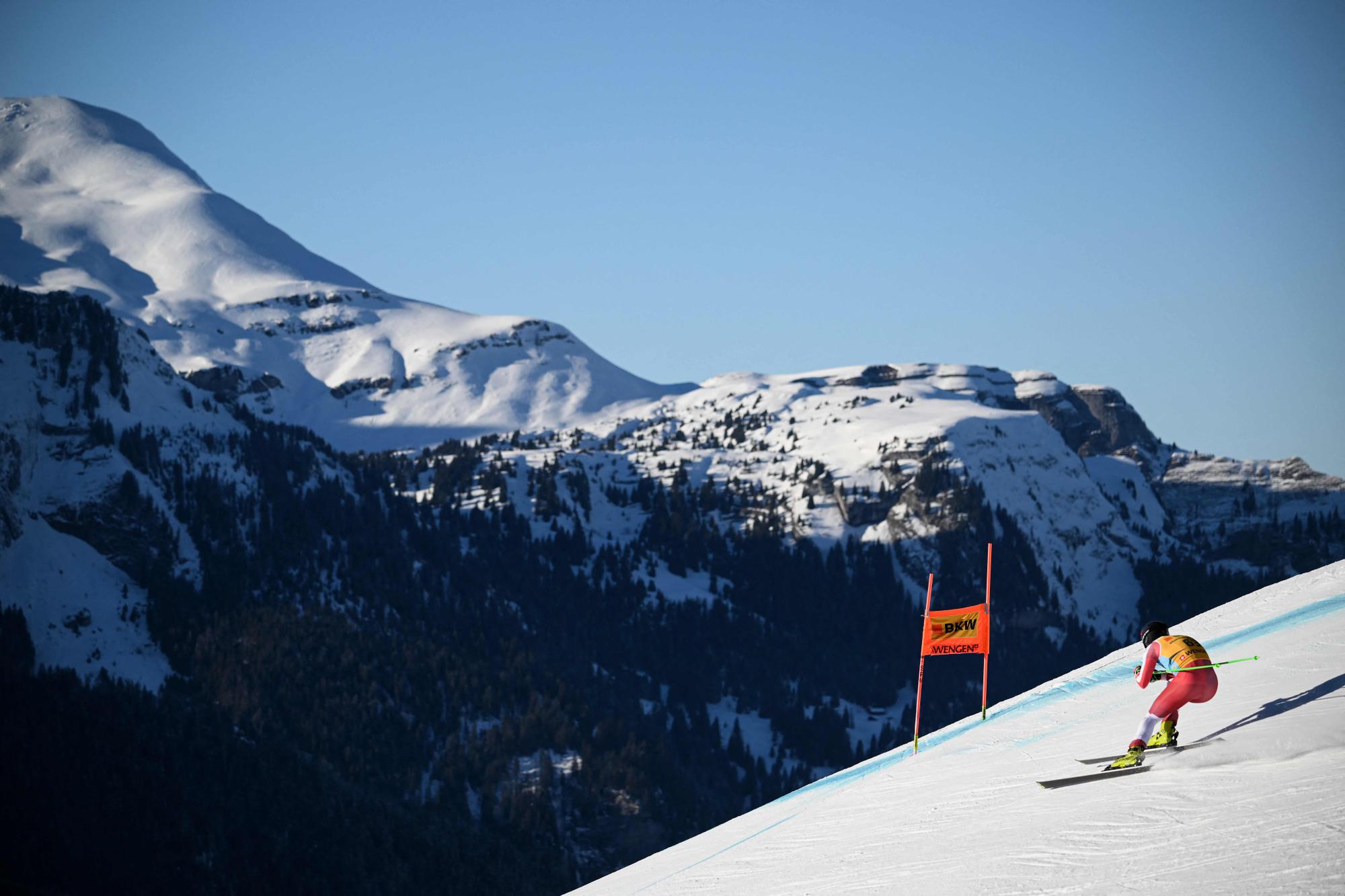 Austria's Raphael Haaser competes in the Men's Downhill race at the FIS Alpine Skiing World Cup event in Wengen, Switzerland, on January 11, 2024. (Photo by Marco BERTORELLO / AFP)