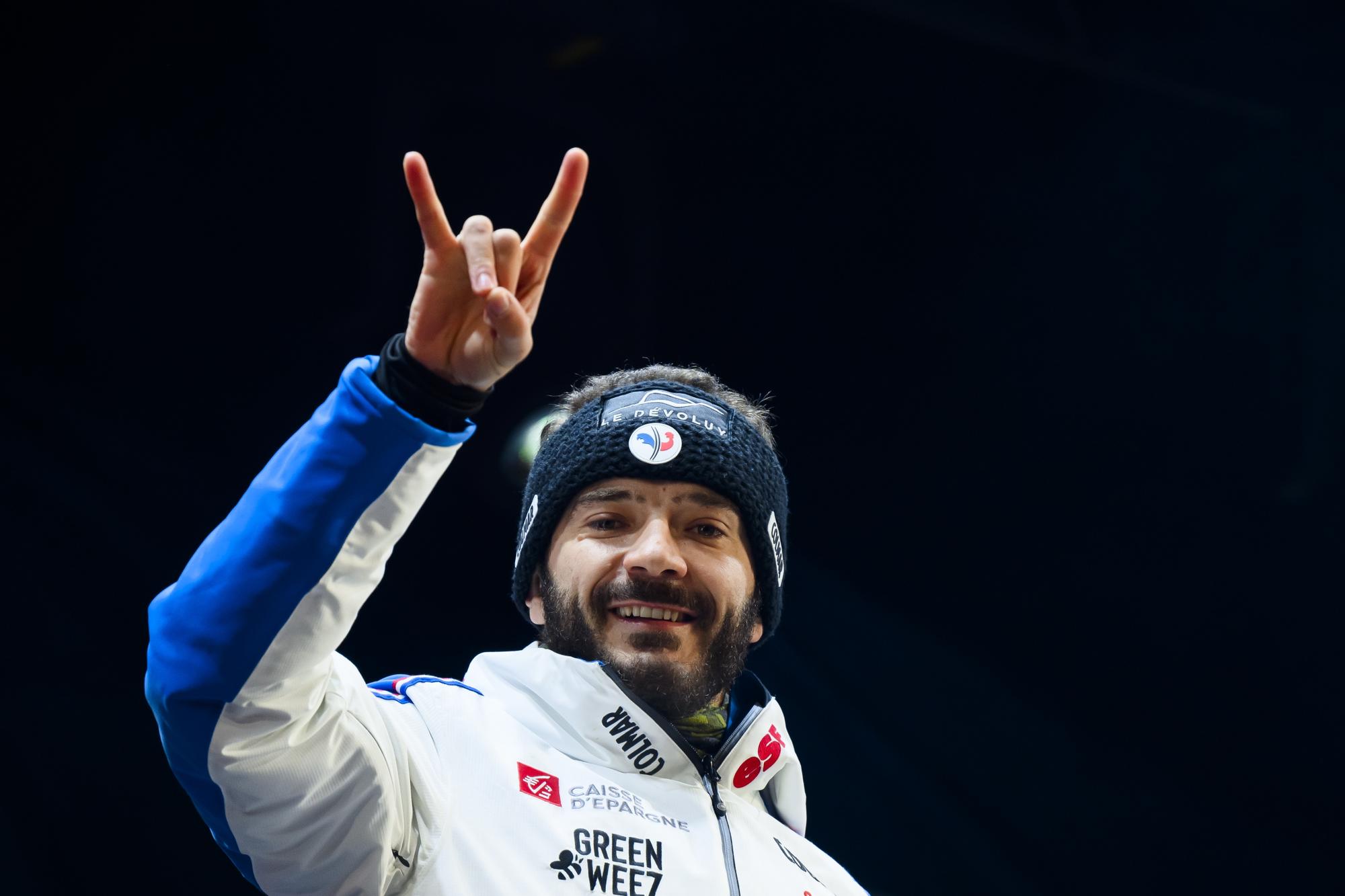 epa11074346 Second placed Cyprien Sarrazin of France celebrates during the Awards ceremony of the men's downhill race at the Alpine Skiing FIS Ski World Cup in Wengen, Switzerland, 13 January 2024. EPA/JEAN-CHRISTOPHE BOTT
