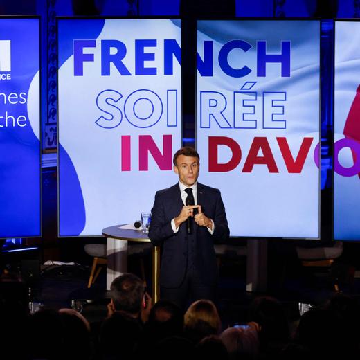 French President Emmanuel Macron delivers a speech as he attends the "Make it Iconic" reception organized by Business France on the sidelines of the World Economic Forum (WEF) meeting in Davos on January 17, 2024. (Photo by Ludovic MARIN / POOL / AFP)