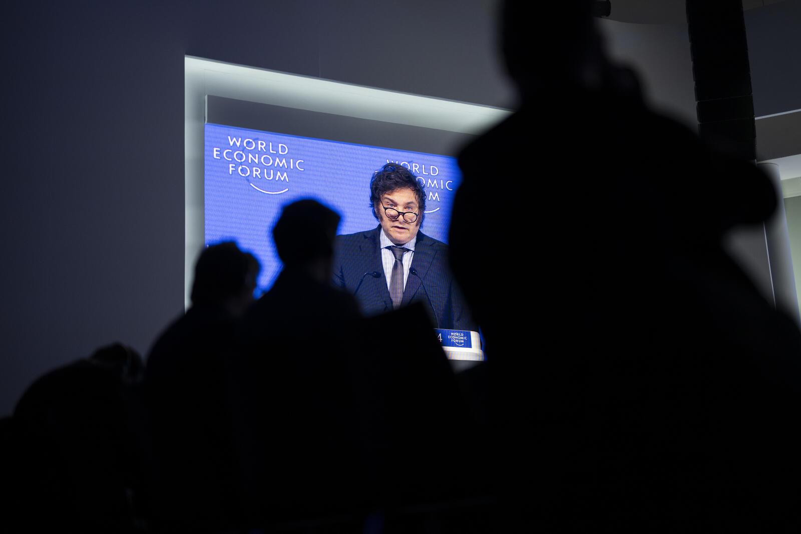 Javier Milei, President of Argentina speaks during a plenary session in the Congress Hall as part of the 54th annual meeting of the World Economic Forum, WEF, in Davos, Switzerland, Wednesday, January 17, 2024. The meeting brings together entrepreneurs, scientists, corporate and political leaders in Davos under the topic "Rebuilding Trust" from 15 to 19 January. (KEYSTONE/Gian Ehrenzeller)