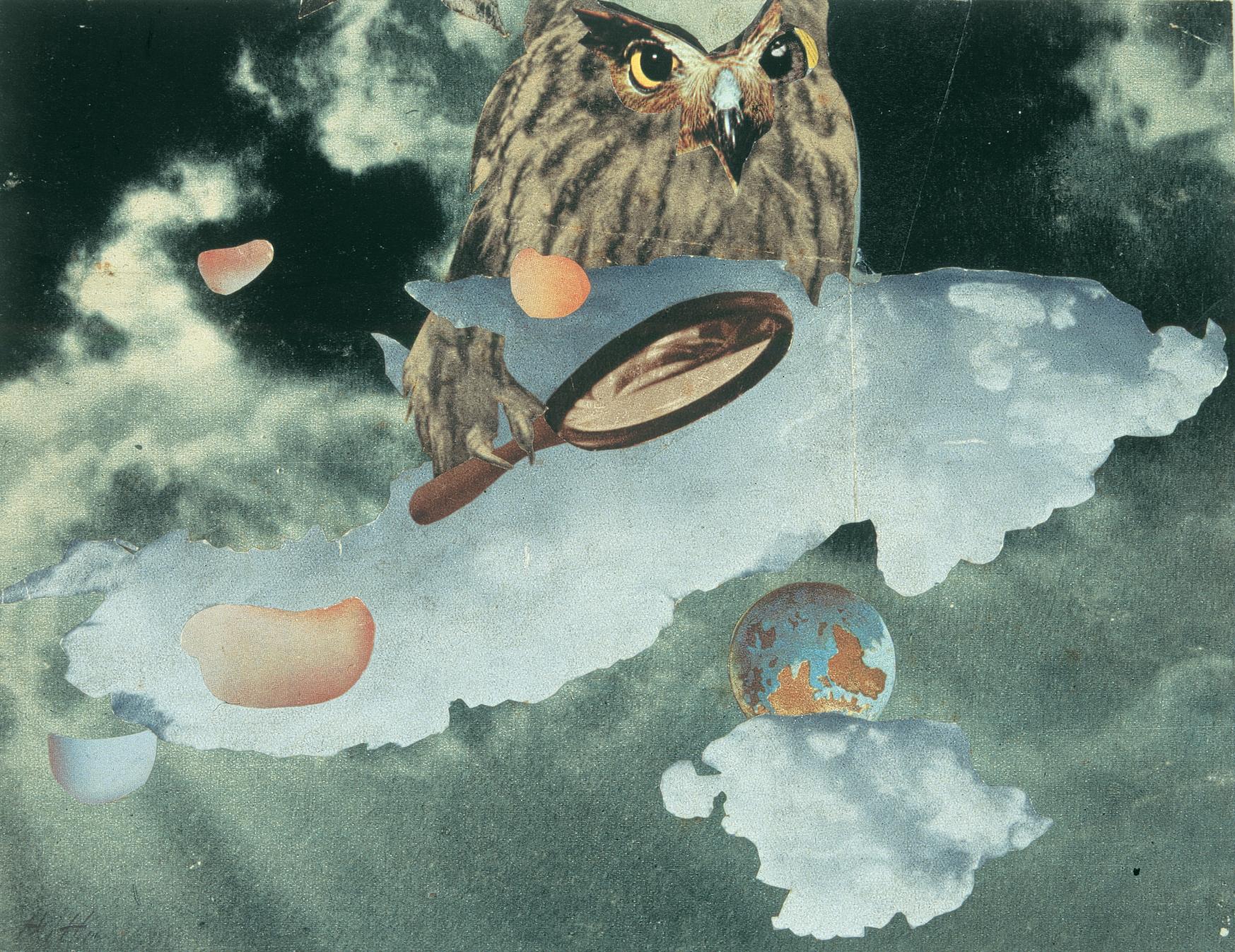 Hannah Höch, «Eule mit Lupe» («Hibou avec loupe»), 1945, collage sur carton 19,5 x 25,2 cm.