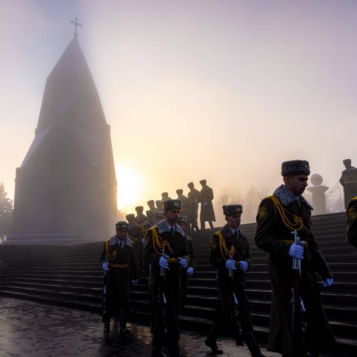 Army Day Armenia 01/28/2024 Yerevan Armenia. Armenian military, politicians and family of those who were killed in recent wars between Armenia and Azerbaijan lay flowers and pay their respects to the fallen at Yerablur Military Cemetery in Yerevan, Armenia on Army Day on January 28, 2024. Armenia celebrates the 32nd anniversary of the formation of the Armed Forces. Every year the public holiday is celebrated on 28 January to honor the troops of the Armed Forces of Armenia and those who have fallen. The possibility of a new war between Armenia and Azerbaijan remains high as the situation on the border remains tense along with provocative statement from Azerbaijan officials and leadership. On September 19th Azerbaijan launched a large-scale Copyright: xAnthonyxPizzoferratox