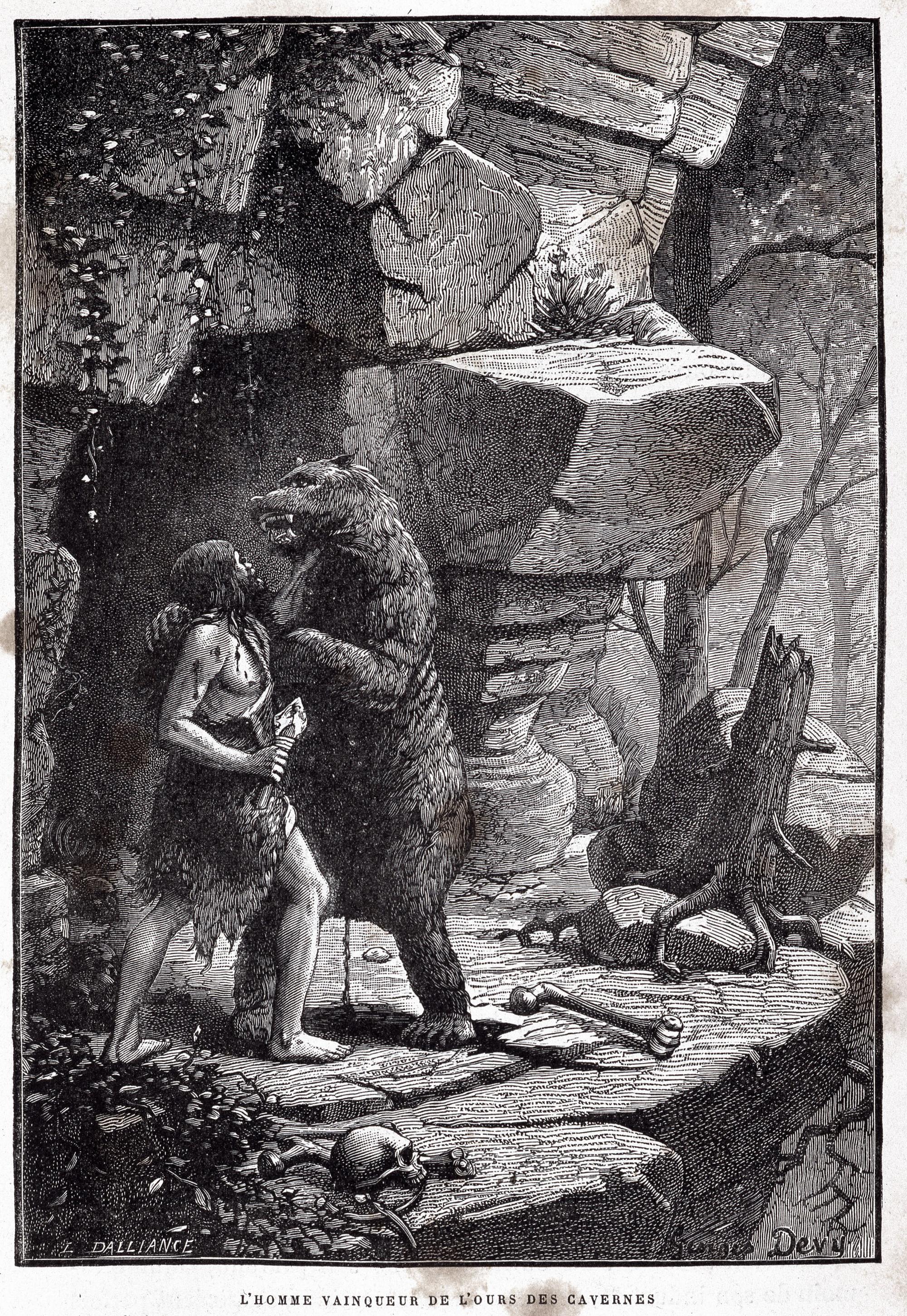Prehistoire L homme vainqueur de lours des cavernes . Gravure par DEVY tiree de l ouvrage La creation de l homme et les 1ers ages de l humanite par DU CLEUZION en 1887. Credit : Collection KHARBINE-TAPABOR. *** Prehistory L homme vainqueur de lours des cavernes Engraving by DEVY from the book La cration de l homme et les 1ers ages de lhumanite by DU CLEUZION in 1887 Credit Collection KHARBINE TAPABOR PUBLICATIONxINxGERxSUIxAUTxONLY KH41523