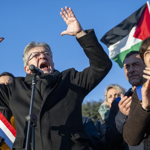 epa11123786 French leftist party La France Insoumise (LFI) leader Jean-Luc Melenchon gestures as he speaks during a march in support of Palestinians from the Office of the High Commissioner for Human Rights (OHCHR) to the UN headquarters, during a demonstration in support of the Palestinian people, in Geneva, Switzerland, 03 February 2024. Thousands of Israelis and Palestinians have been killed since the militant group Hamas launched an unprecedented attack on Israel from the Gaza Strip on 07 October 2023, and the Israeli strikes on the Palestinian enclave which followed it. EPA/MARTIAL TREZZINI