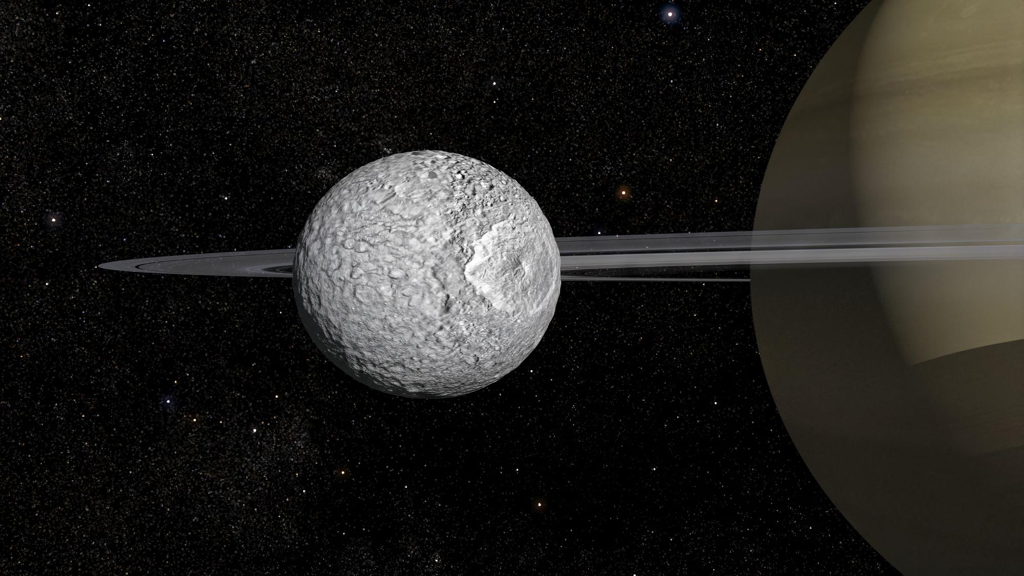 This handout image released on February 7, 2024 by Animea Studio - Observatoire de Paris - PSL, IMCCE - shows an artist's impression of the 400-km diameter Mimas, one of Saturn's small moons. Astronomers compare it to the Death Star from Star Wars, but it turns out to be more hospitable than imagined: Mimas, a small moon of Saturn, contains an unlikely liquid ocean under its icy surface, ideal for the appearance of life, according to a study published on February 7, 2024. (Photo by Frederic Durillon / Animea Studio | Observatoire de Paris - PSL, IMCCE / AFP) / - NO Editorial use - NO Marketing campaign / -----EDITORS NOTE --- RESTRICTED TO EDITORIAL USE - MANDATORY CREDIT "AFP PHOTO / HO / ANIMEA STUDIO - OBSERVATOIRE DE PARIS - PSL - IMCCE" - NO MARKETING - NO ADVERTISING CAMPAIGNS - DISTRIBUTED AS A SERVICE TO CLIENTS /