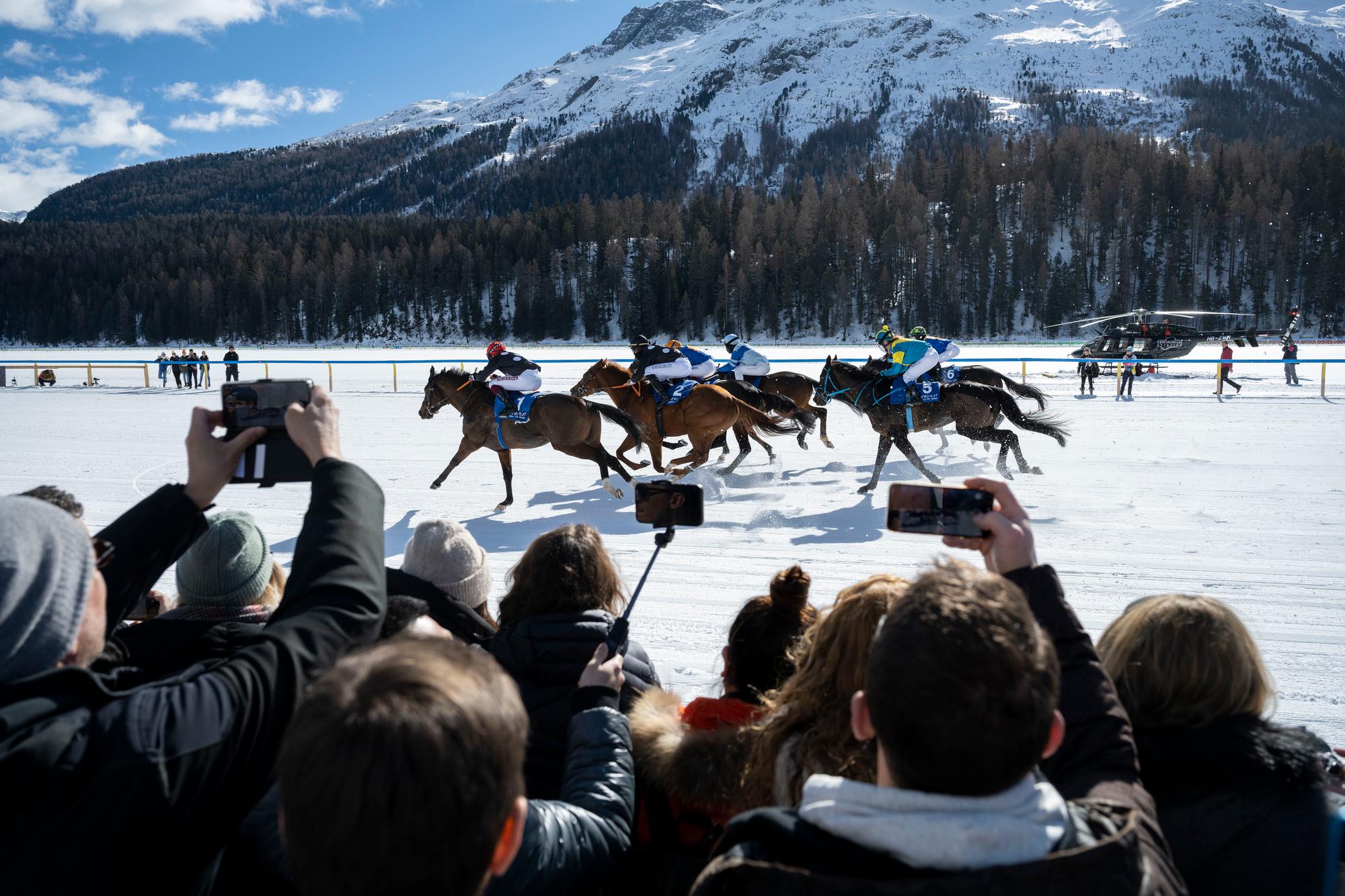 Zuschauer verfolgen ein Pferderennen mit dem Smartphone, fotografiert im Rahmen des White Turf, am Sonntag, 20. Februar 2022 in St. Moritz. (KEYSTONE/Christian Beutler)