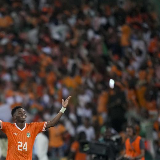 Ivory Coast 's Simon Adingra celebrates their win after the African Cup of Nations final soccer match between Nigeria and Ivory Coast, at the Olympic Stadium of Ebimpe in Abidjan, Ivory Coast, Sunday, Feb. 11, 2024. (AP Photo/Sunday Alamba)