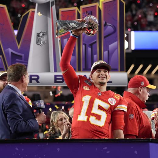 Kansas City Chiefs quarterback Patrick Mahomes (15) holds the Vince Lombardi Trophy after the NFL Super Bowl 58 football game against the San Francisco 49ers, Sunday, Feb. 11, 2024, in Las Vegas. The Chiefs won 25-22. (AP Photo/John Locher)