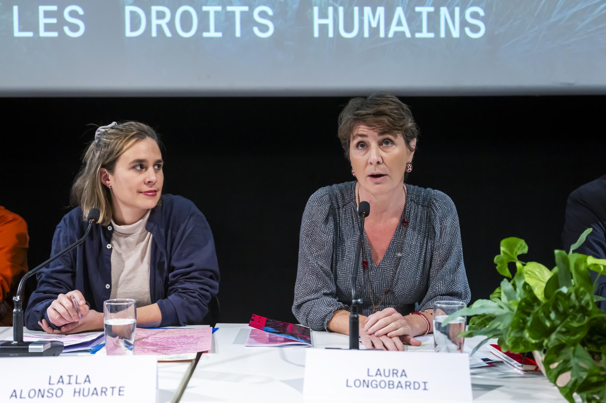 Laila Alonso Huarte, left, co-editorial director of the International Film Festival and Forum on Human (FIFDH) and Laura Longobardi, right, co-editorial director of the International Film Festival and Forum on Human (FIFDH), presents the program of the 22th edition of the FIFDH during a press conference, in Geneva, Switzerland, Tuesday, February 15, 2024. From March 8th to 17th 2024, the 22th edition of the the International Film Festival and Forum on Human (FIFDH), is a unique event that brings together cinema and human rights, welcoming host artists, activists and celebrities from around the world to meet the general public in Geneva. (KEYSTONE/Martial Trezzini)