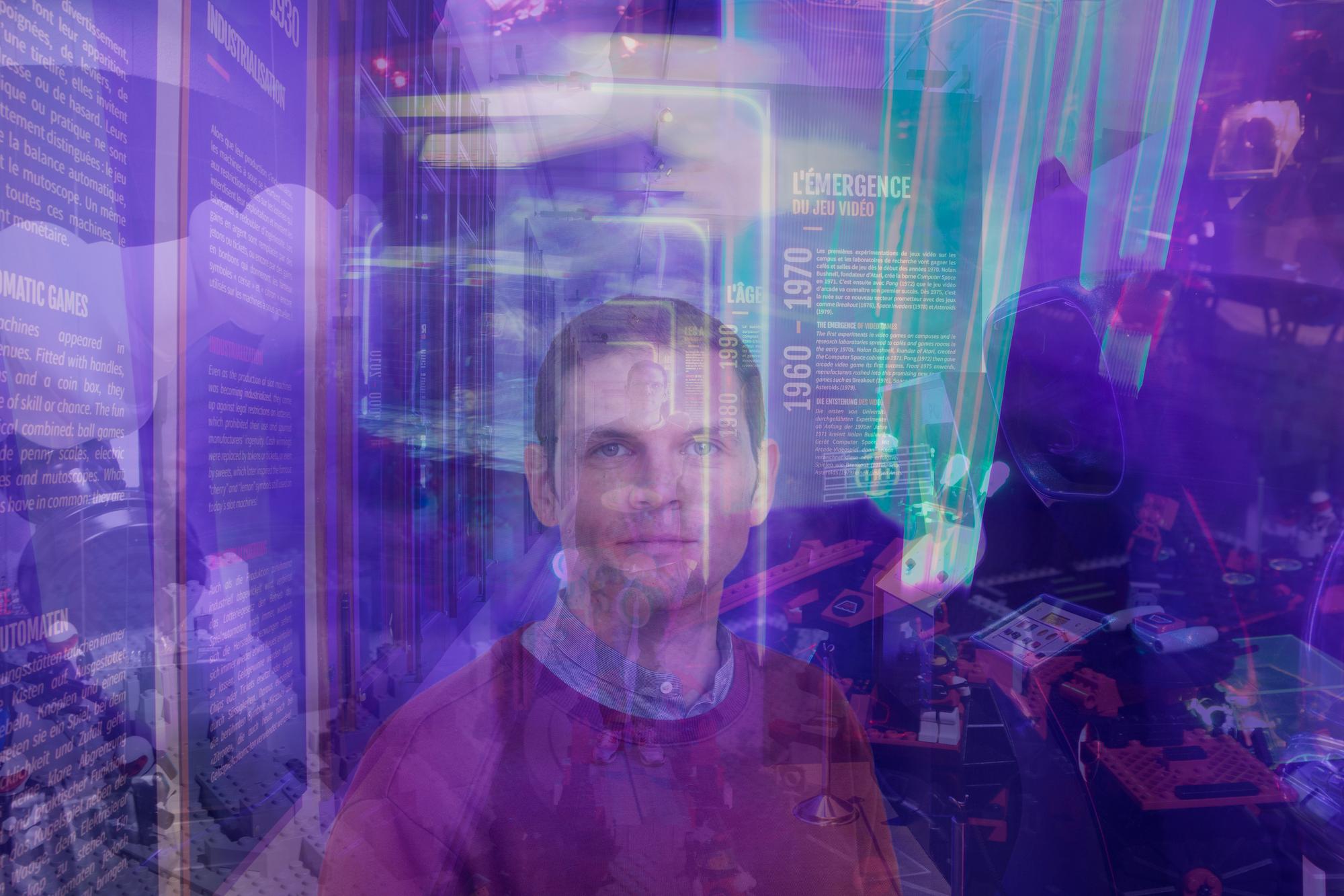 Selim Krichane, directeur du Musée Suisse du jeu à La Tour-de-Peilz en Suisse. Reportage photographié le mardi 13 février 2024 dans le cadre de l'exposition : «De la case au pixel» .