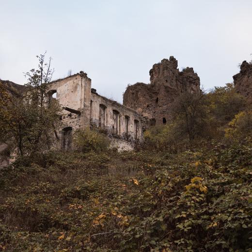 Ruins of old chapel in old cave city Khndzoresk in Armenia